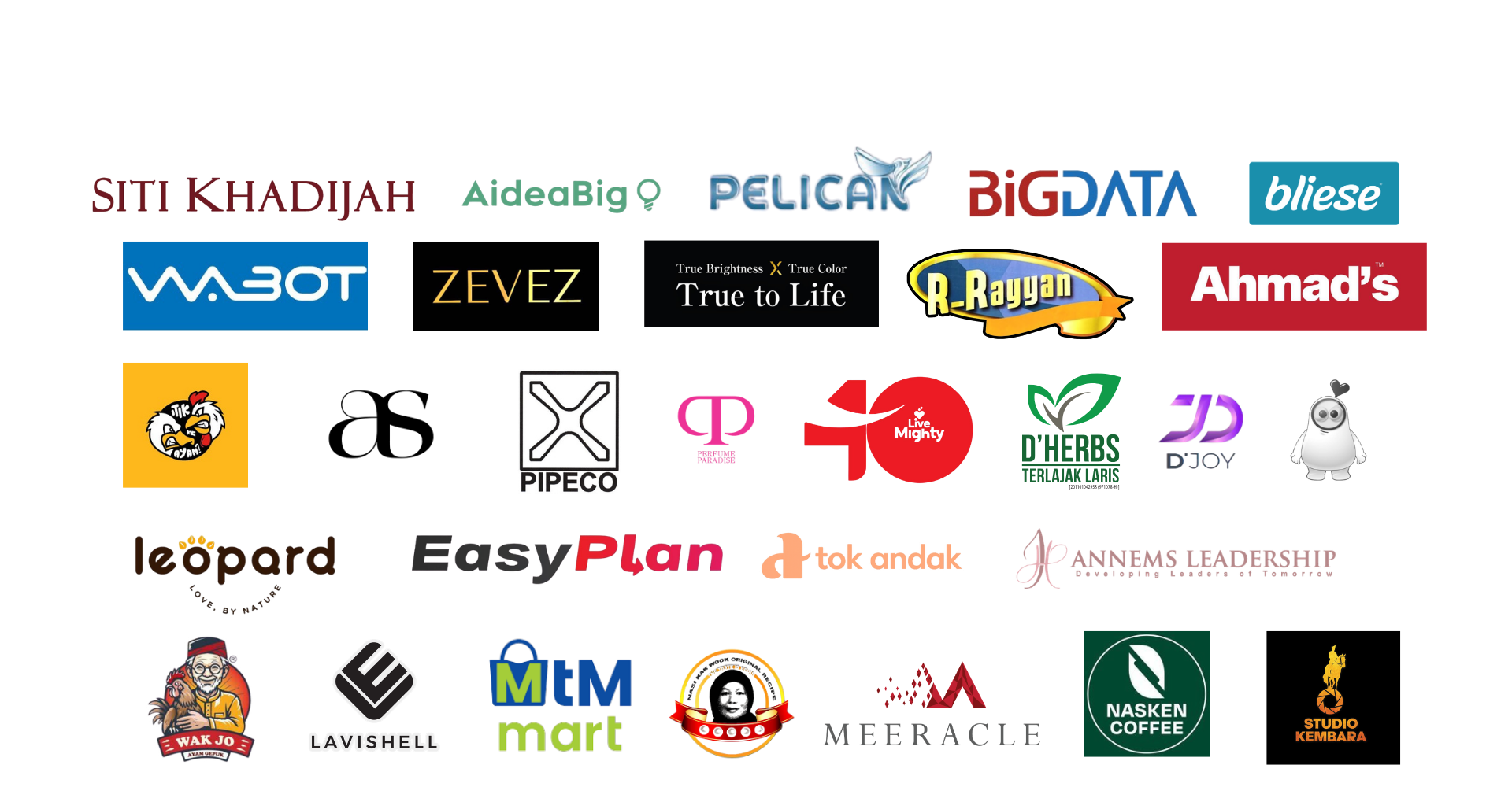 Logos of successful clients including Siti Khadijah, AideaBig, Pelican, BigData, and other partner brands